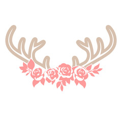 A pair of antlers decorated with pink roses and flowers, set against a white background