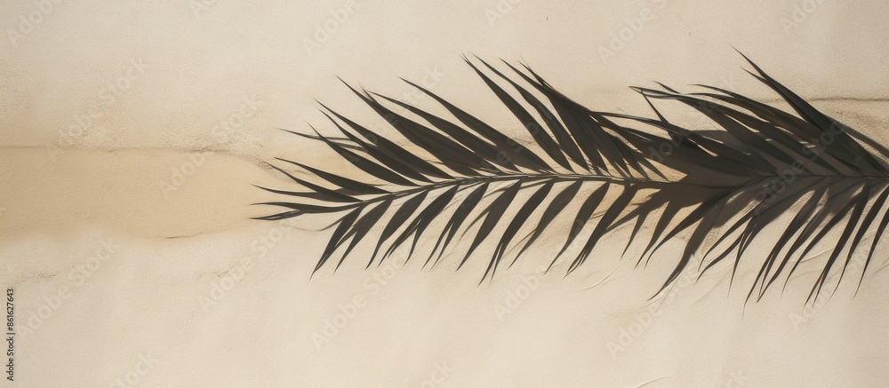 Aufkleber Top-down view of a palm leaf shadow banner on sandy surface with space for an image. with copy space image. Place for adding text or design