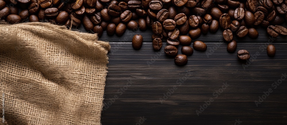 Aufkleber on a white table background, there is a top-down view of roasted coffee beans next to a sack, with r