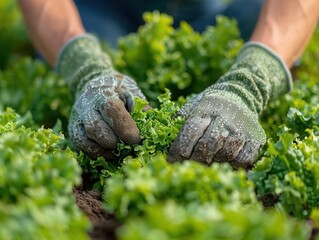 Detailed closeup of farmers gloved hands, picking salad in a field, bright natural light, vibrant greenery