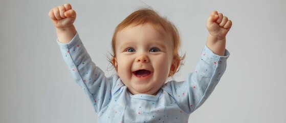 Emotional happy baby arms raised in celebration isolated on white background cheerful expression vibrant lighting