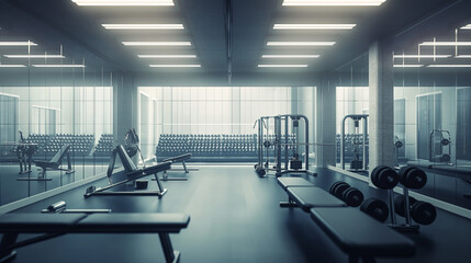 Fototapeta premium A gym's free weights area with benches and mirrors, gym, strength training, hd, well-equipped with copy space