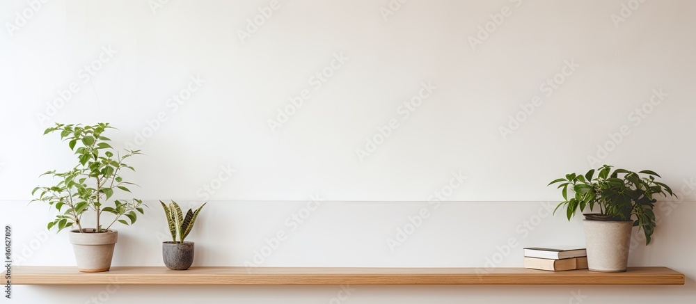 Poster Interior of a white home adorned with houseplants displayed on a wooden shelf, creating a serene atmosphere within the copy space image.