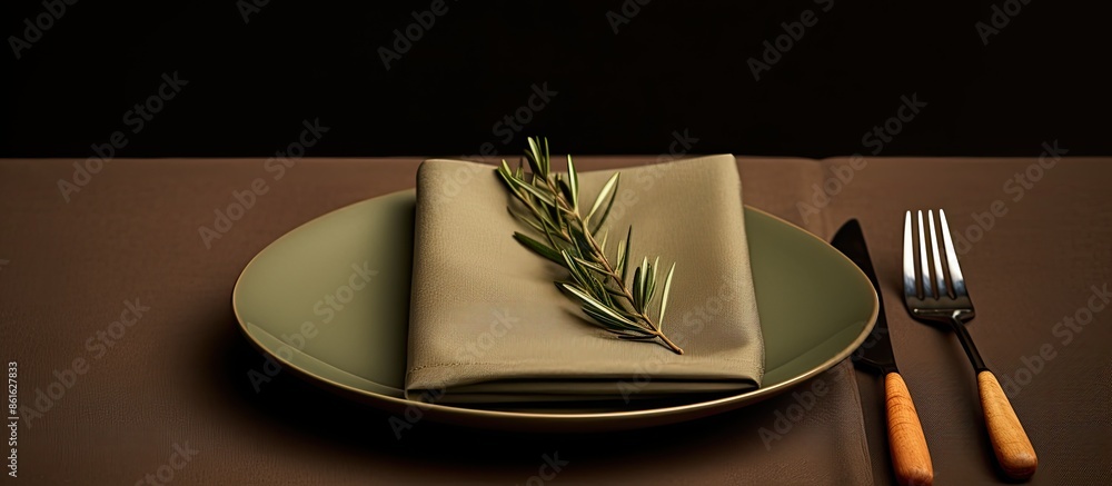 Poster table setting option with a neatly folded linen grey napkin on a brown plate against an olive-colore