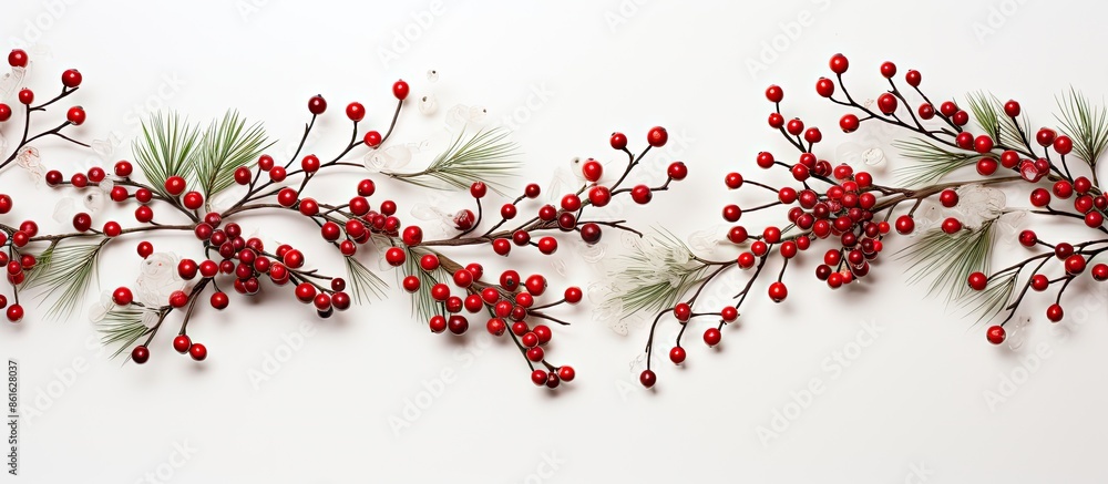 Poster christmas themed decorative fir twigs with red berries surrounding a central copy space image. perfe