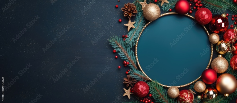 Poster merry christmas and happy new year background featuring an oval frame with space for text. top view 