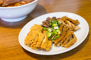Taiwanese cuisine with soy sauce marinaded beef and tofu