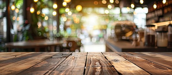 Choose a defocused coffee shop background with bokeh effect to complement your product display on an empty wooden table, ideal for photo editing with copy space image.
