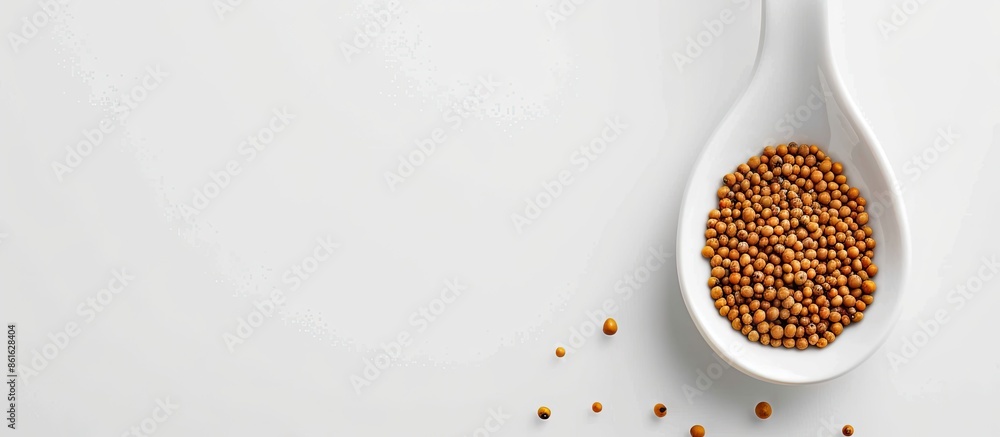 Aufkleber Brassica hirta mustard seeds in a white spoon on a white background in a studio shot with soft lighting. Top view with copy space image available.