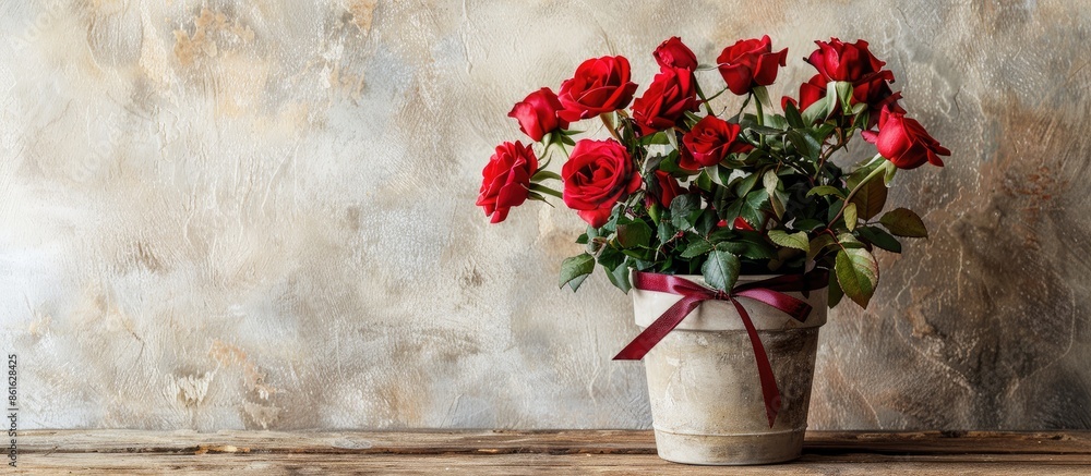 Poster Red roses in a pot with a ribbon on a wooden table against a light backdrop with copy space image.