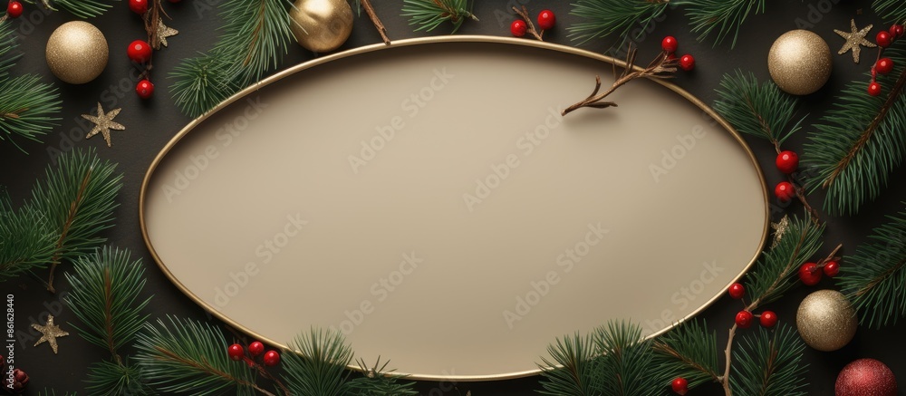 Poster merry christmas and happy new year background featuring an oval frame with space for text. top view 