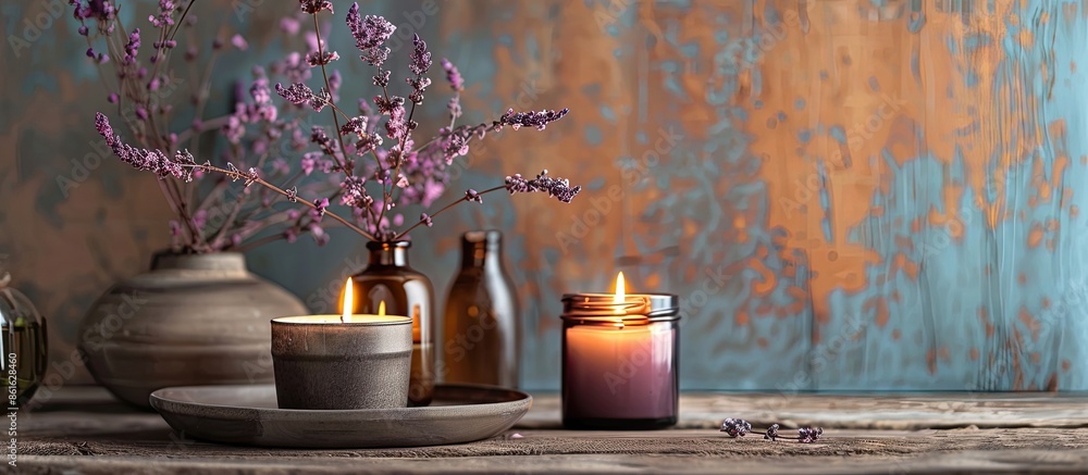 Poster beautiful decorative holder with burning candle indoors. with copy space image. place for adding tex