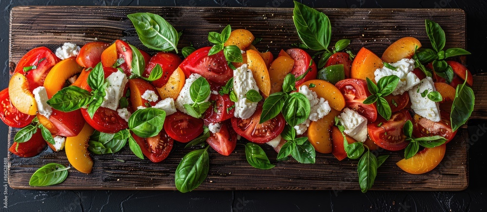 Aufkleber tomato peach salad with basil and goat cheese displayed on a wooden board against a black background