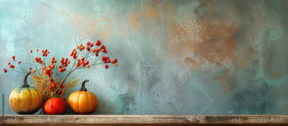 Poster colorful pumpkins in a modern autumn-themed decoration on a wooden shelf and background with a styli