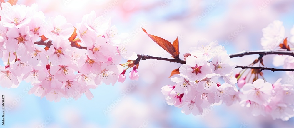 Poster Cherry blossom in spring providing a background or copy space image.
