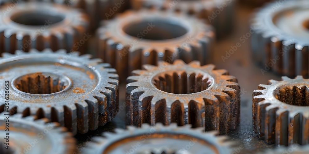 Poster symmetrical engineering displayed in classic auto parts with rusty gears on metal surface. concept v