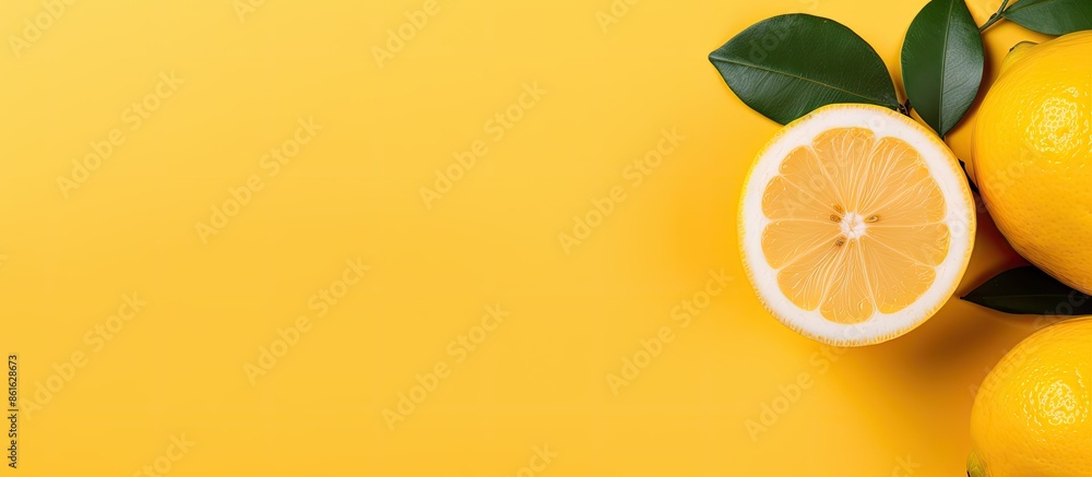 Leinwandbilder a lemon fruit on a yellow background in a flat lay, top view with ample copy space for customization