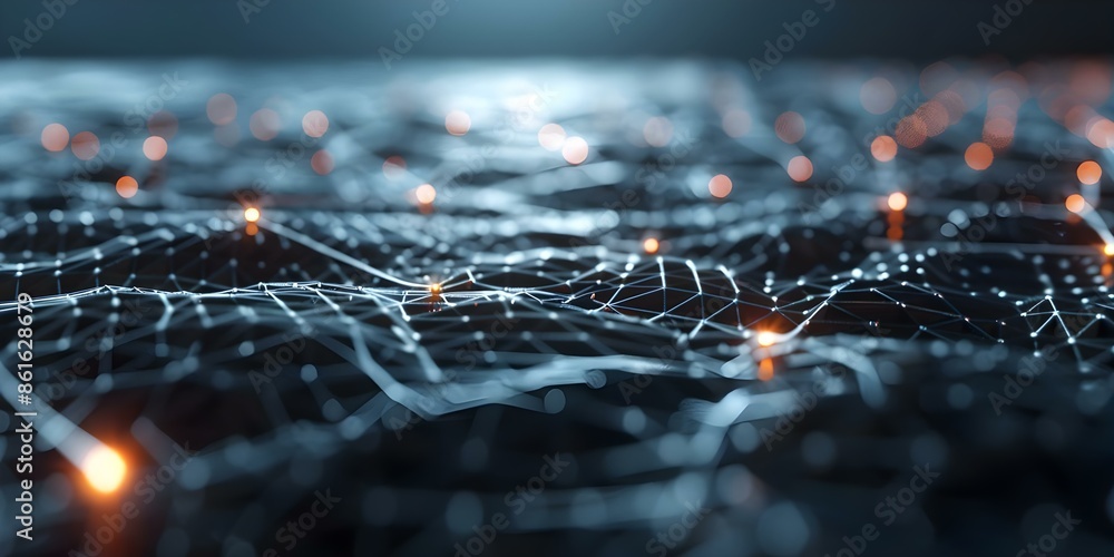 Poster visual representation of a futuristic computer network with glowing lines on a dark background. conc