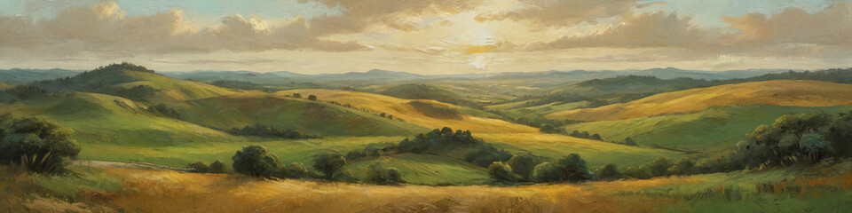 Fototapeta premium Vast, rolling hills covered in a patchwork of thick oil paint, capturing the lush greenery and golden fields under a broad, open sky, Generative AI