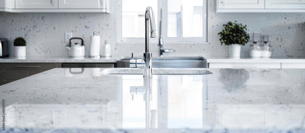 Aufkleber modern white kitchen countertop with white granite. custom counter with stainless steel sink and fau