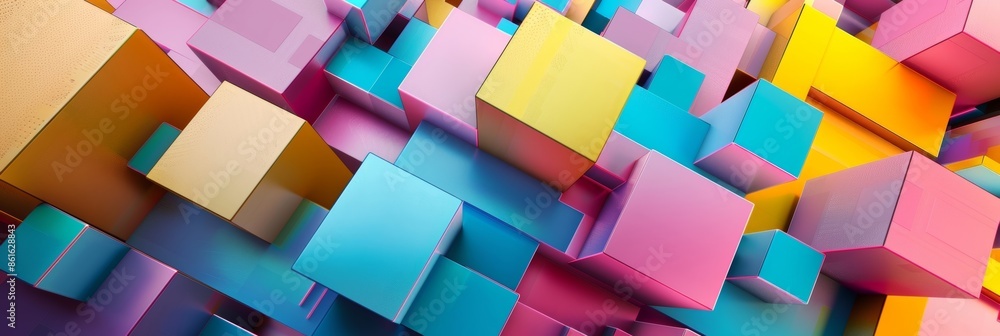 Poster a playful array of cubes painted in vivid colors and p in unexpected angles.