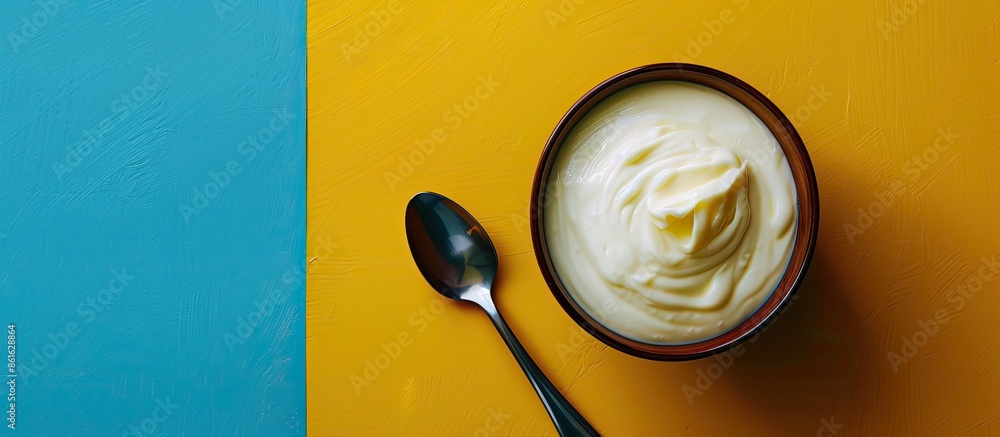 Aufkleber greek yogurt in a brown bowl placed near a spoon on a blue tablecloth against a yellow backdrop. the
