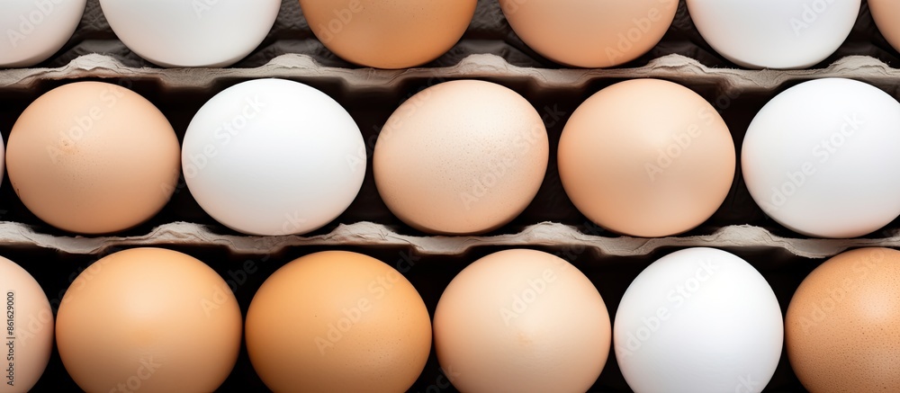 Fototapete top view of white chicken eggs displayed in black cardboard boxes on a white background with ample c
