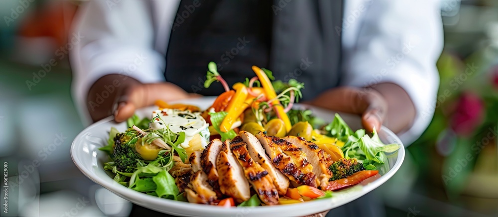 Aufkleber A man displaying a nutritious chicken salad with vegetables and yogurt dressing, highlighting the concept of healthy eating, against a backdrop with room for additional content or text.