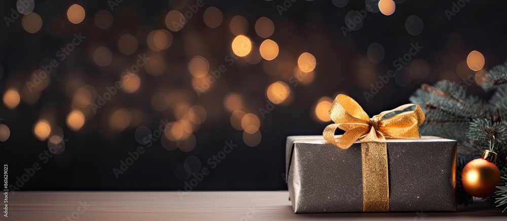 Poster A stunning gift box and fir tree branches on a black table with blurred festive lights, creating a festive copy space image.