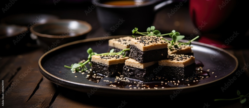 Aufkleber black sesame tofu displayed on glass plates with copy space image available.
