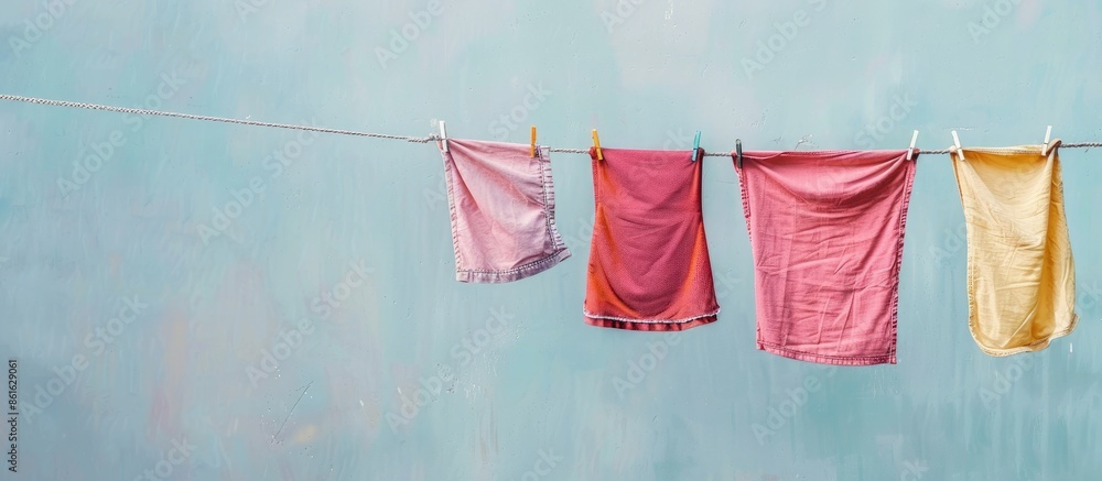 Poster Different clothes drying on laundry line against light background. with copy space image. Place for adding text or design