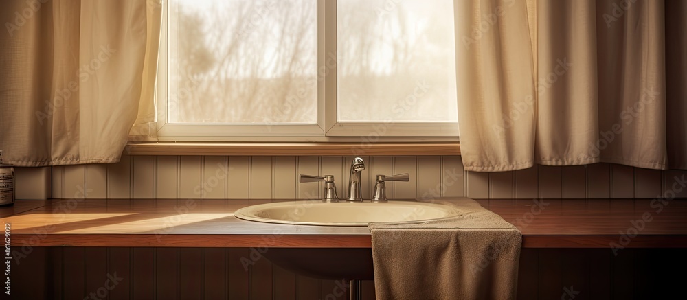 Poster a wooden table top with a blurred bathroom sink and a window with curtains, perfect for a copy space