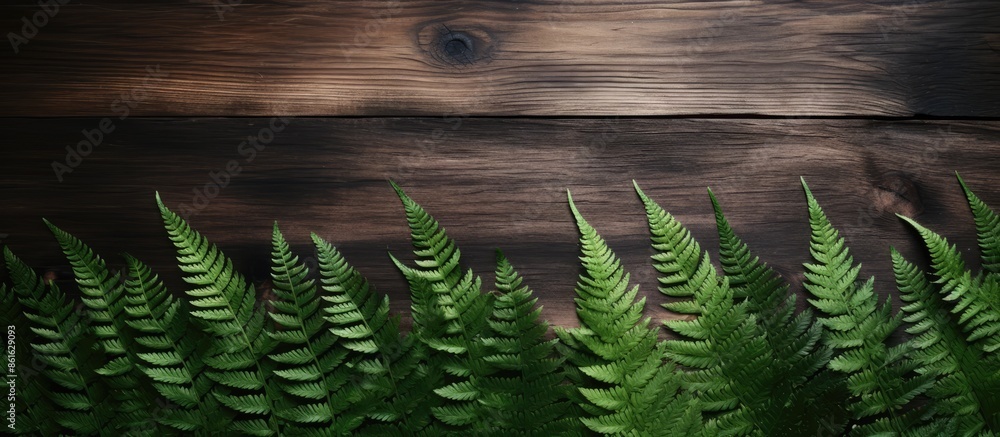 Aufkleber natural background with fern leaves on a rustic table, featuring copy space image.