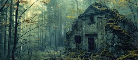 old abandoned building in the forest pastel background. with copy space image. Place for adding text or design