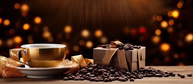 Coffee in a festive package with coffee beans - a delightful Christmas gift with copy space image. - Powered by Adobe