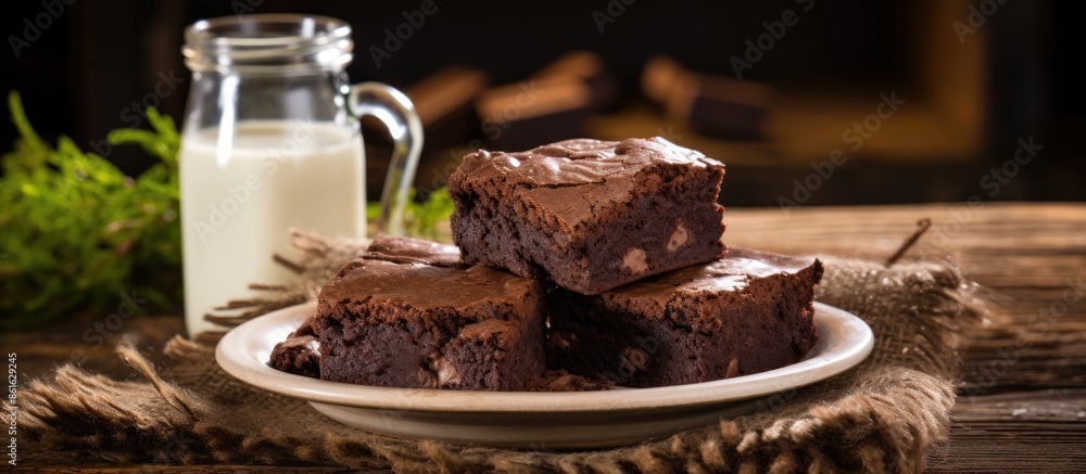 Aufkleber enjoy homemade chocolate fudge brownies with milk on a rustic wooden table in a festive setting perf