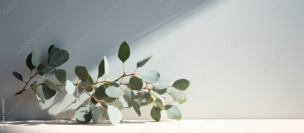 Poster front view of a green eucalyptus branch casting shadows on a light grey background, providing a mini