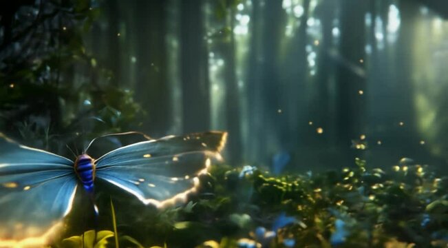 Magic light butterfly glowing in a magical forest fantasy scene