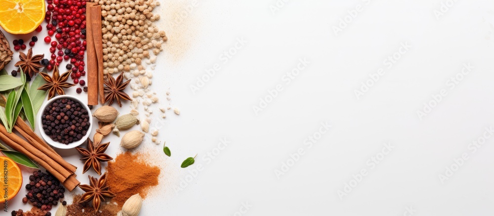 Poster Top-down view of ingredients on a white backdrop, with copy space image.