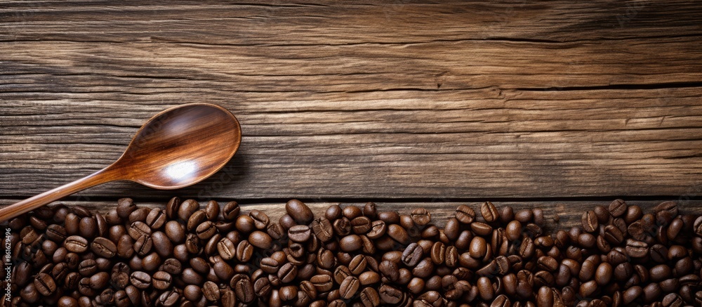 Aufkleber Coffee bean on wooden background with a spoon holding a roasted coffee bean, creating a rustic setting with copy space image.