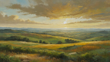 Vast, rolling hills covered in a patchwork of thick oil paint, capturing the lush greenery and golden fields under a broad, open sky, Generative AI