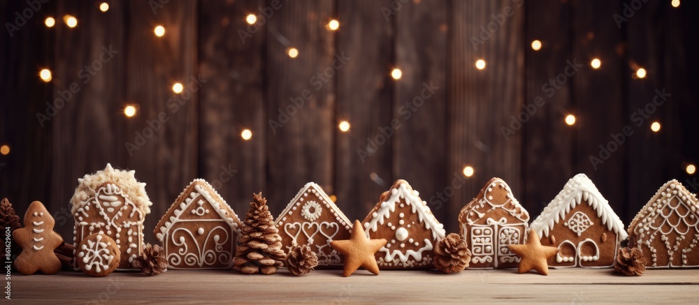 Poster gingerbread cookies displayed on a wooden table in honor of st. nicholas day with copy space image.