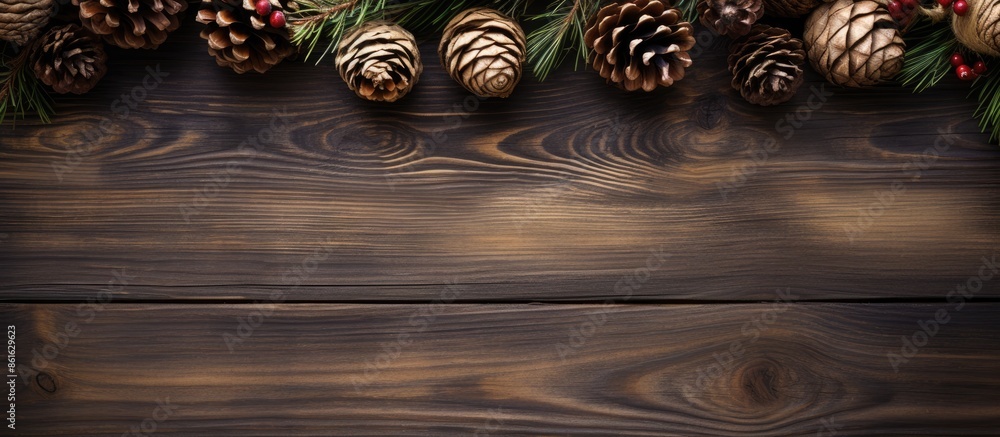 Poster rustic wooden christmas background adorned with pine cones, offering ample copy space for images.