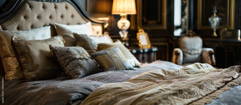 Poster Luxury room setting with bed and pillows. with copy space image. Place for adding text or design