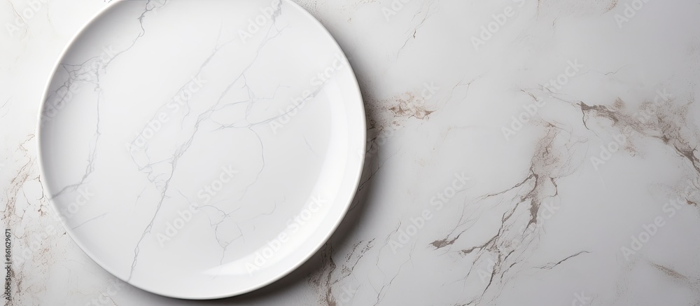 Poster A blank white plate on a white stone tabletop seen from above, with ample space for additional imagery.