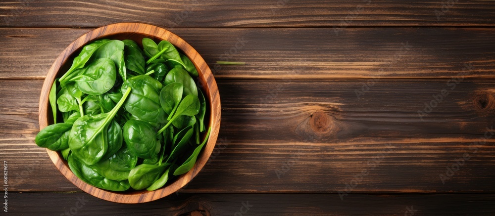 Fototapete Healthy food: Delicious cooked spinach on a rustic wooden surface with a flat lay perspective, providing ample space for adding text within the image.