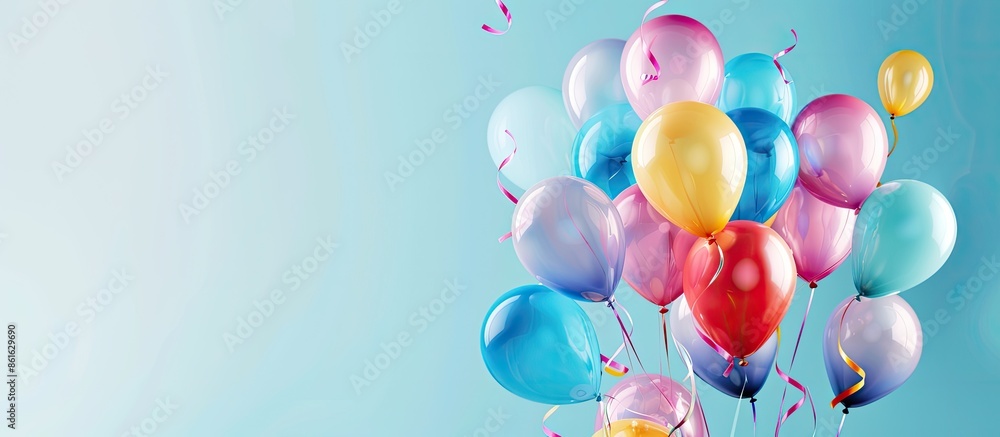 Poster Design a banner with colorful balloons against a light blue backdrop, available for custom text with copy space image.