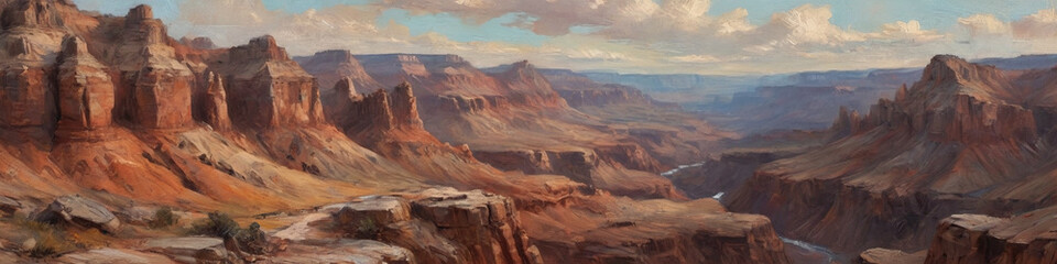 Naklejka premium A sprawling canyon landscape rendered in thick, textured oil paint, showcasing the deep, rugged valleys and towering rock formations under an expansive sky, Generative AI
