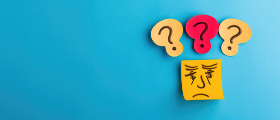 Hand-Drawn Sticky Notes Questions and Confused Person Face Expression Drawing Isolated on Vibrant Blue Background Banner with Empty Copy Space for Text. Confusion, Q & A, FAQ Stickers Concept Backdrop