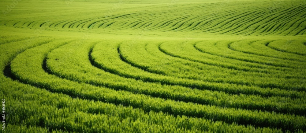 Fototapete tractor tracks creating a pattern on a lush green field, providing ample copy space image.